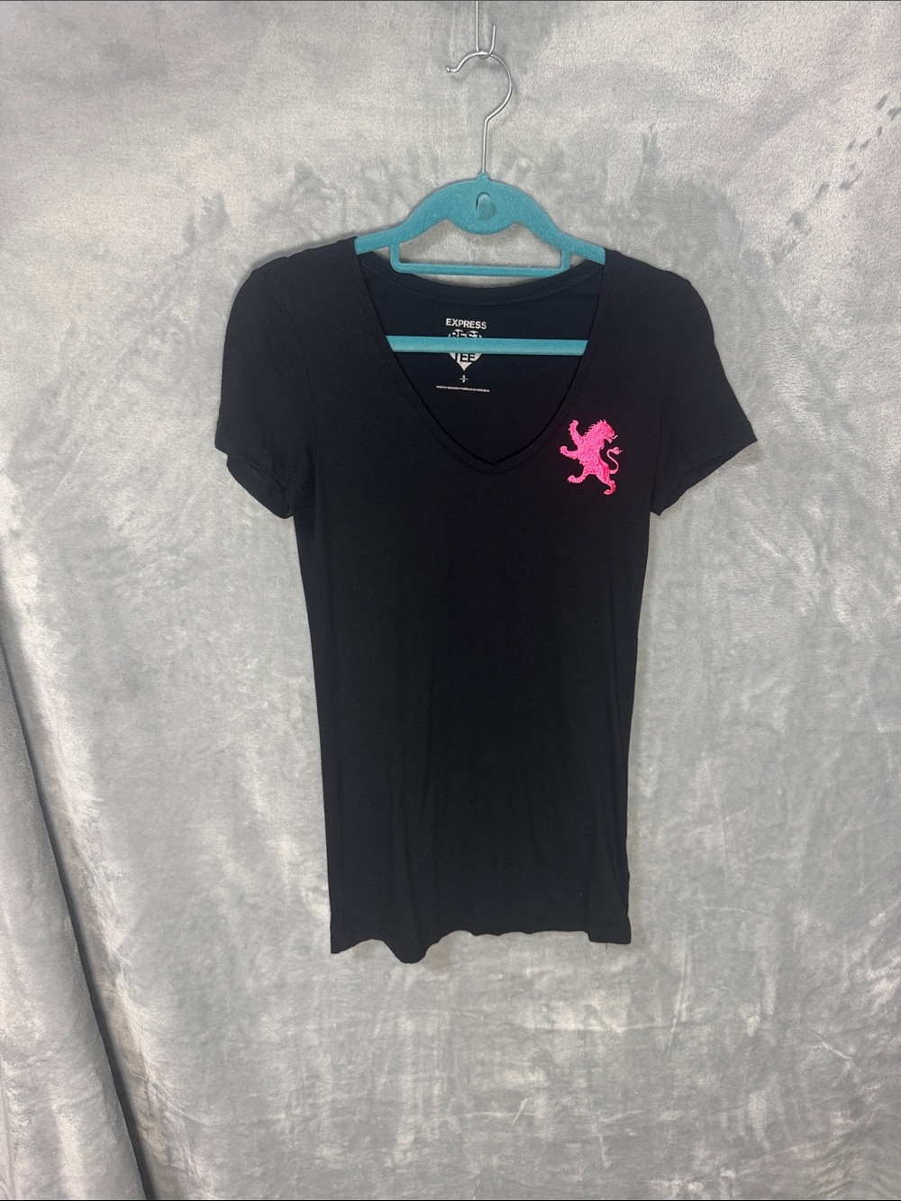 Express Black V-Neck Tee with Hot Pink Lion Emblem